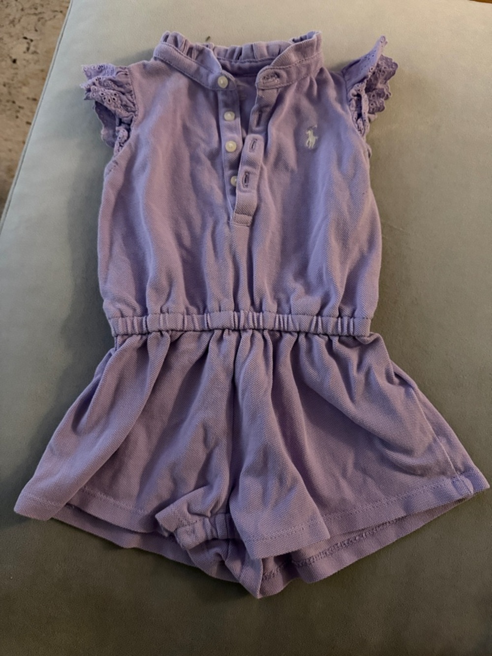 Ralph Lauren Lavender Pique Girls' Romper with Lace Sleeves